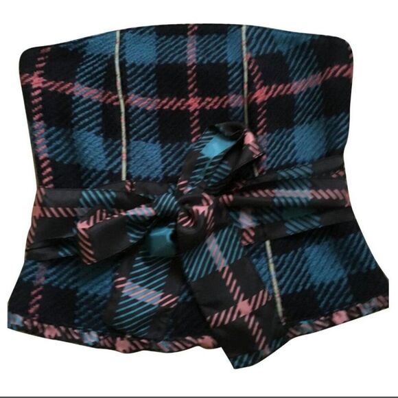 Manoush Plaid Corset Strapless Top Size 40 US S Blue Wool Tweed Satin Tie Waist - Picture 1 of 5